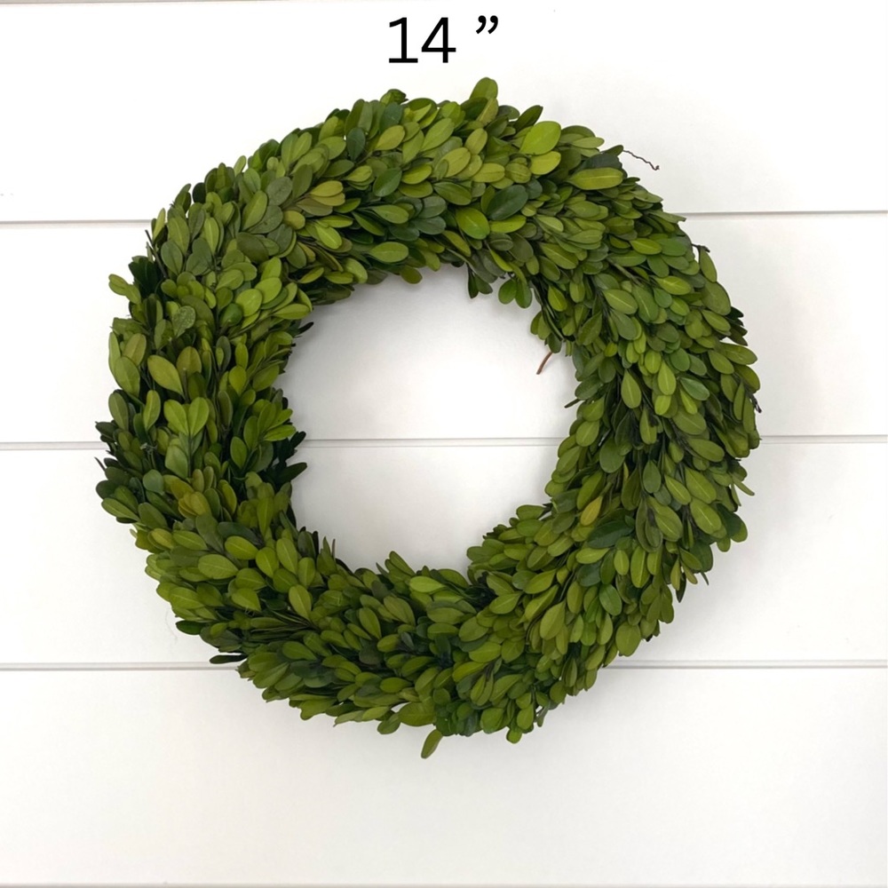 14 inch round boxwood wreath. Real preserved boxwood.
